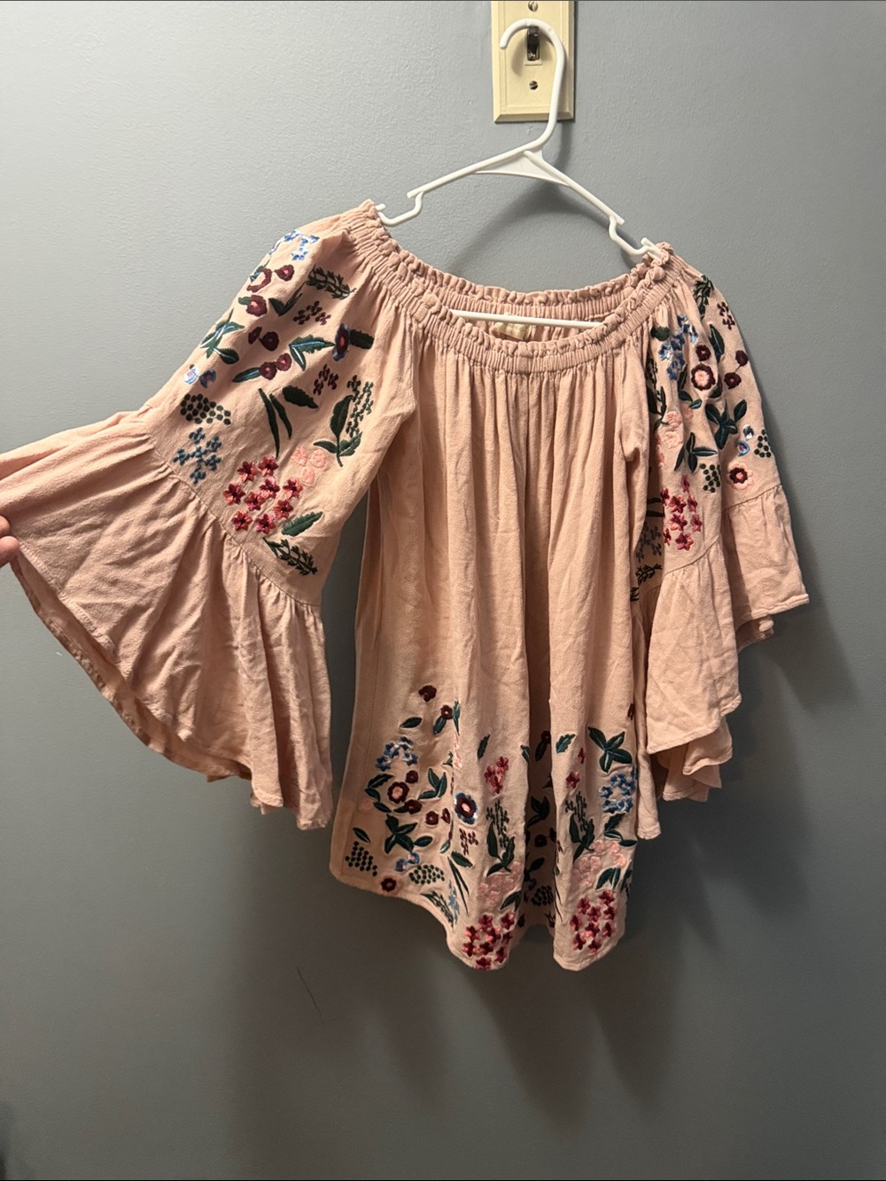 Altar'd State Blush Off-Shoulder Embroidered Peasant Blouse with Bell Sleeves